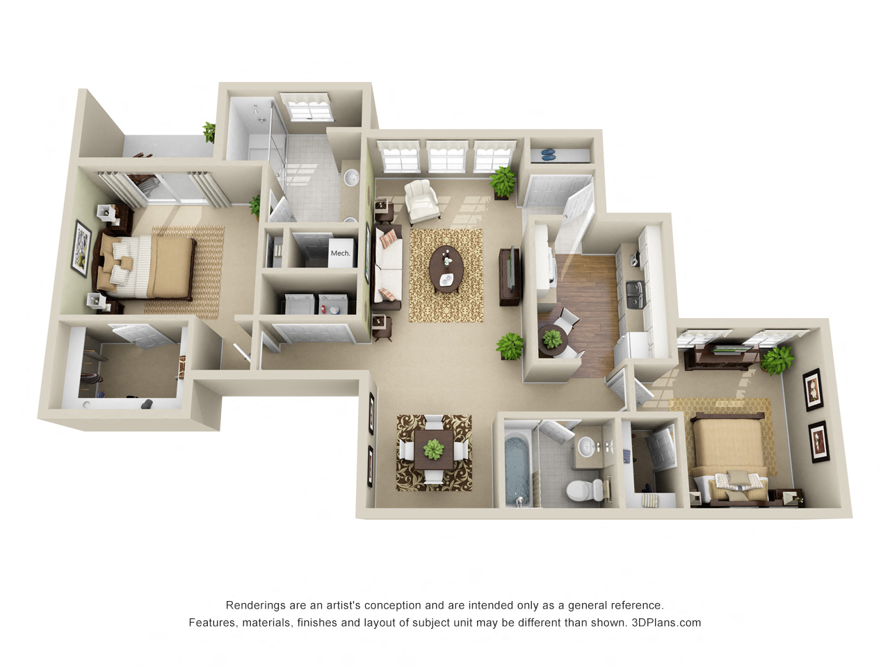 Floor plan for 2 beds, 2 baths, 1162 sqft
